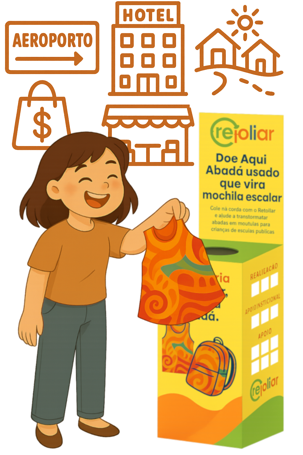 Menina doando abadá na urna Refoliar em local de coleta